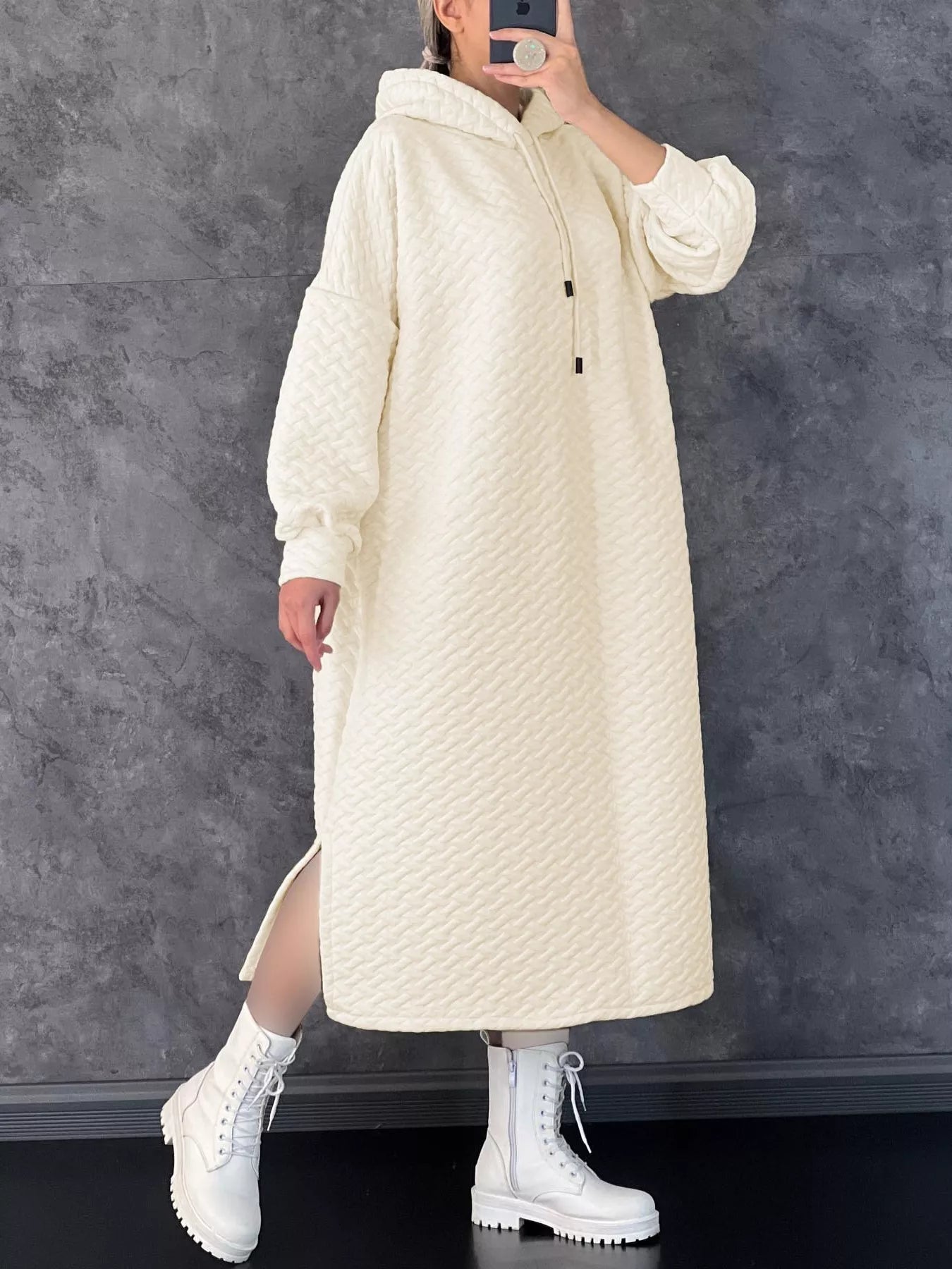 Noxyon Women's Textured Knit Hoodie Dress with Side Slit